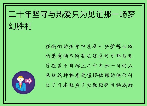 二十年坚守与热爱只为见证那一场梦幻胜利