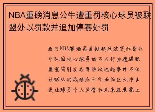 NBA重磅消息公牛遭重罚核心球员被联盟处以罚款并追加停赛处罚